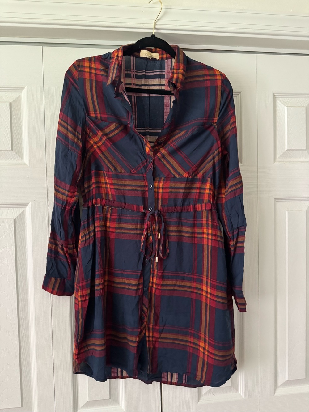 Love Notes Navy Plaid Button-Front Tunic Dress with Red & Orange Stripes